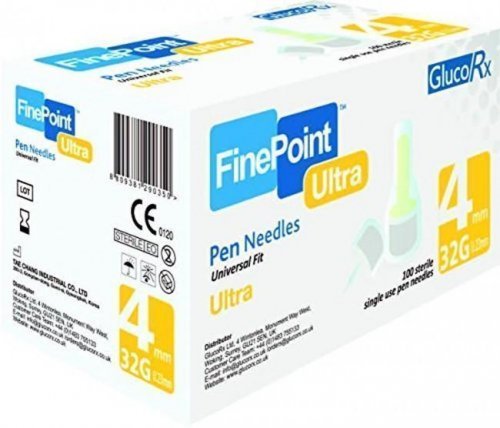 glucorx_finepoint_4mm_ultra_b01f1093-53c3-47c0-9d60-208233ffd189_1024x1024.jpg GlucoRx Finepoint Needles 4mm 32g - Pack of 100 - Image 1