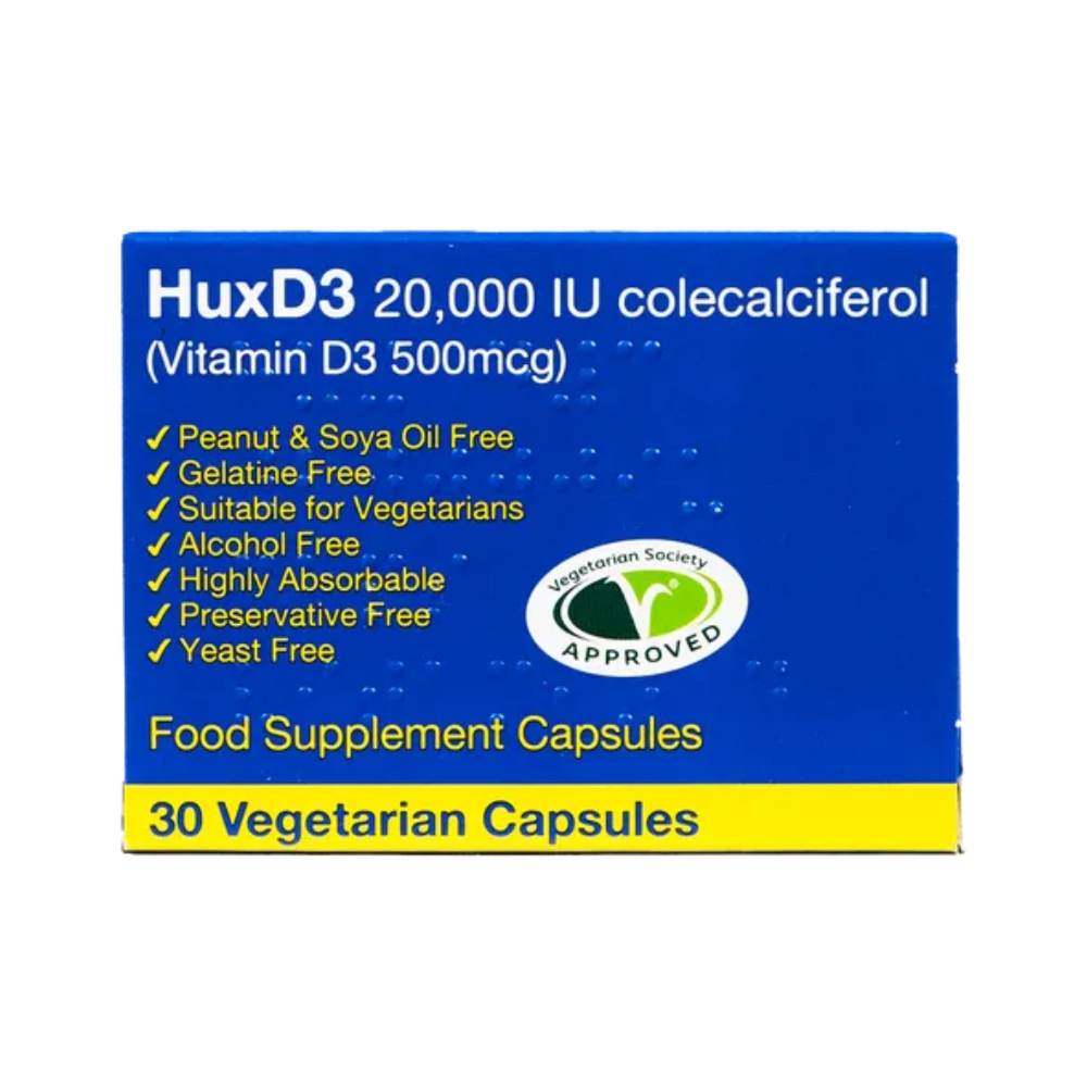 hux3d33.png HuxD3 Colecalciferol 20000IU (500mcg) Vitamin D3 - 30 Capsules - Image 1