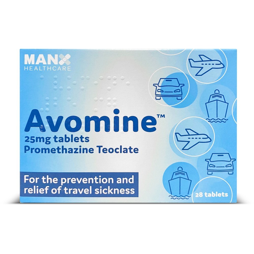 manx_avomine_25mg_-_28_tablets_-_front.jpg Avomine Travel Sickness 25mg (Promethazine) - 28 Tablets - Image 1